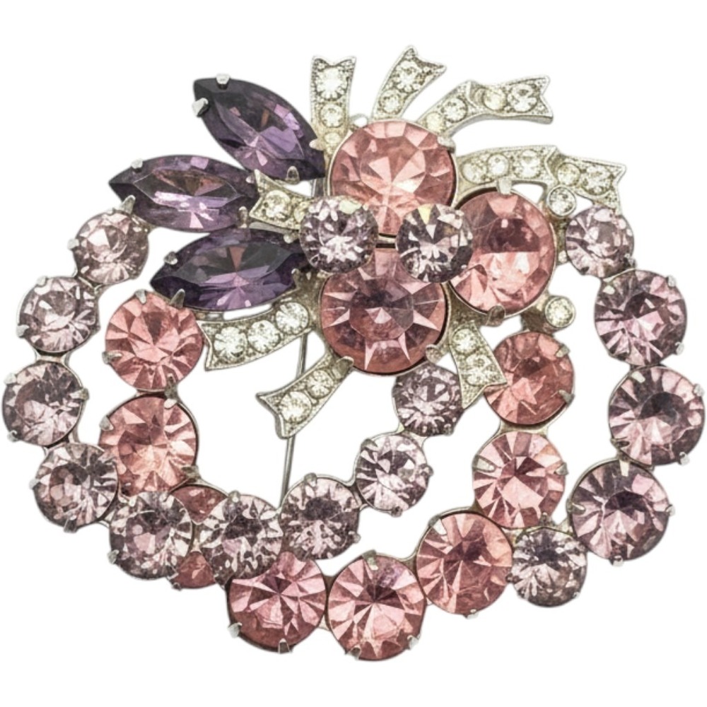 Vintage Eisenberg Pink Purple Rhinestone Bow Wreath Brooch Pin 5296 Silver